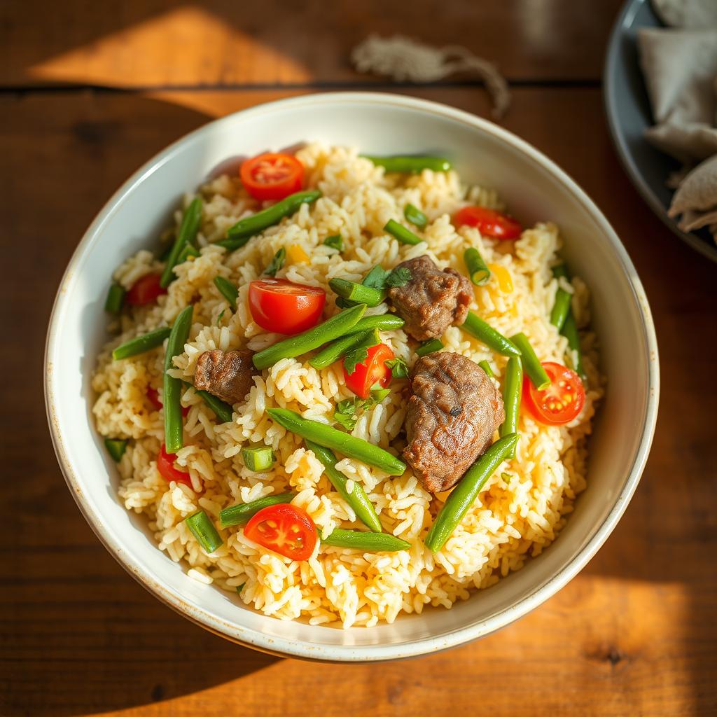 A beautifully arranged bowl of homemade Lubia Polo, featuring fluffy basmati rice mixed with vibrant green beans and tender pieces of meat, garnished with fresh herbs and slices of tomato
