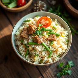 A beautifully arranged bowl of homemade Lubia Polo, featuring fluffy basmati rice mixed with vibrant green beans and tender pieces of meat, garnished with fresh herbs and slices of tomato