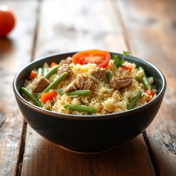 A beautifully arranged bowl of homemade Lubia Polo, featuring fluffy basmati rice mixed with vibrant green beans and tender pieces of meat, garnished with fresh herbs and slices of tomato
