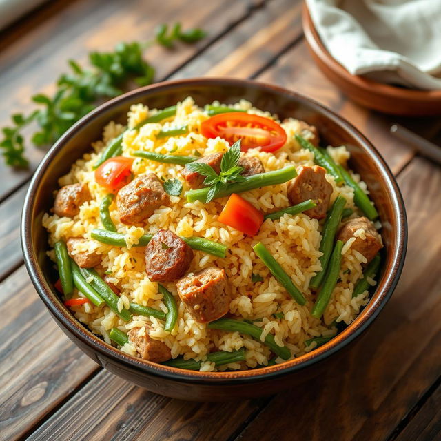 A beautifully arranged bowl of homemade Lubia Polo, featuring fluffy basmati rice mixed with vibrant green beans and tender pieces of meat, garnished with fresh herbs and slices of tomato