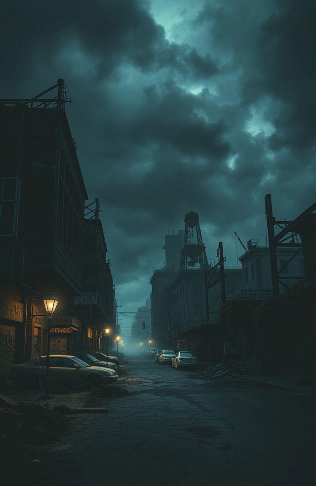 A dark, apocalyptic cityscape filled with eerie, abandoned buildings, twisted metal structures, and shadowy alleyways