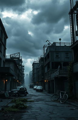 A dark, apocalyptic cityscape filled with eerie, abandoned buildings, twisted metal structures, and shadowy alleyways
