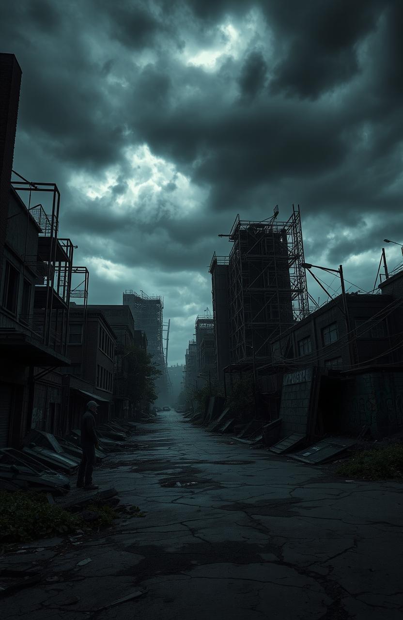 A dark, apocalyptic cityscape filled with eerie, abandoned buildings, twisted metal structures, and shadowy alleyways