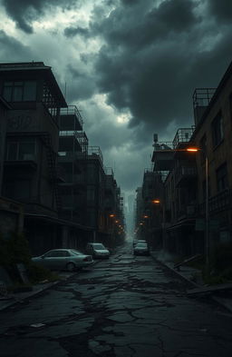 A dark, apocalyptic cityscape filled with eerie, abandoned buildings, twisted metal structures, and shadowy alleyways