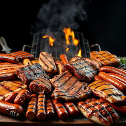 A hyper-realistic image resembling photos taken with an iPhone, featuring a mouthwatering selection of grilled meats including pork ribs, beef ribs, pork chops, beef chops, chorizo, chistorra, grilling sausages, and roasted fish