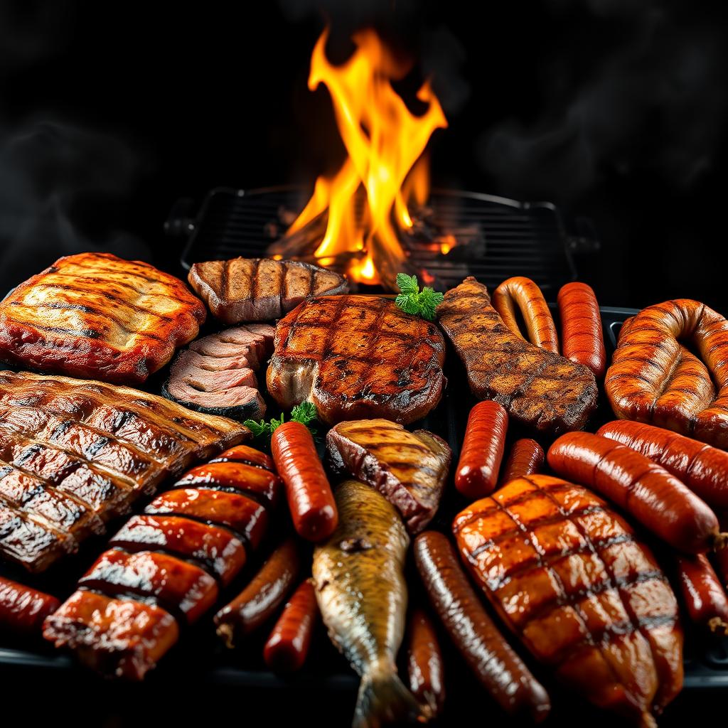 A hyper-realistic image resembling photos taken with an iPhone, featuring a mouthwatering selection of grilled meats including pork ribs, beef ribs, pork chops, beef chops, chorizo, chistorra, grilling sausages, and roasted fish