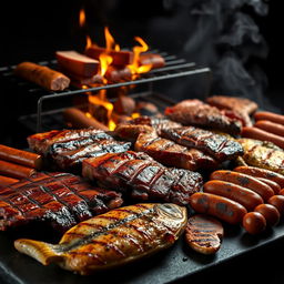 A hyper-realistic image resembling photos taken with an iPhone, featuring a mouthwatering selection of grilled meats including pork ribs, beef ribs, pork chops, beef chops, chorizo, chistorra, grilling sausages, and roasted fish