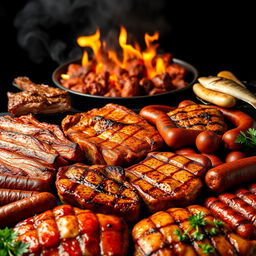 A hyper-realistic image resembling photos taken with an iPhone, featuring a mouthwatering selection of grilled meats including pork ribs, beef ribs, pork chops, beef chops, chorizo, chistorra, grilling sausages, and roasted fish