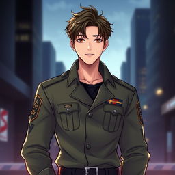 A digital art illustration of a handsome male character resembling a K-pop star in a stylish military uniform