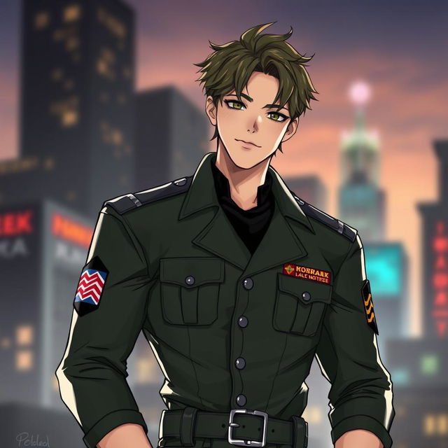 A digital art illustration of a handsome male character resembling a K-pop star in a stylish military uniform