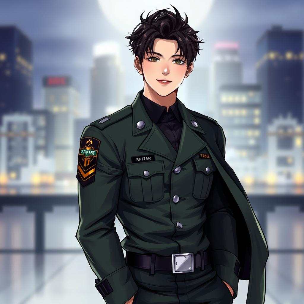 A digital art illustration of a handsome male character resembling a K-pop star in a stylish military uniform