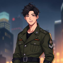 A digital art illustration of a handsome male character resembling a K-pop star in a stylish military uniform