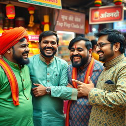 A group of funny Indian men engaging in a lively conversation, showcasing their unique personalities through exaggerated facial expressions and vibrant traditional attire like kurtas and sherwanis
