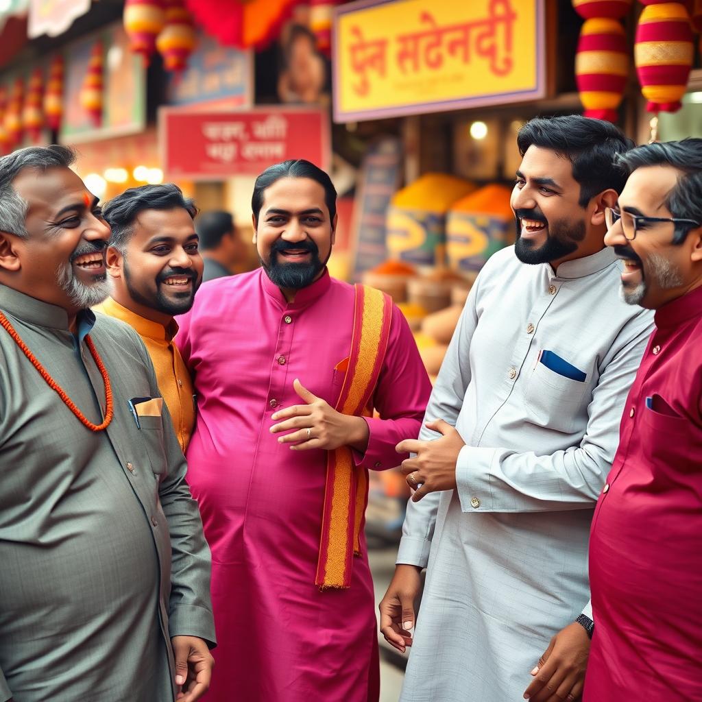 A group of funny Indian men engaging in a lively conversation, showcasing their unique personalities through exaggerated facial expressions and vibrant traditional attire like kurtas and sherwanis