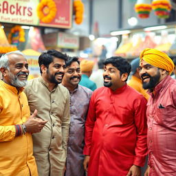A group of funny Indian men engaging in a lively conversation, showcasing their unique personalities through exaggerated facial expressions and vibrant traditional attire like kurtas and sherwanis