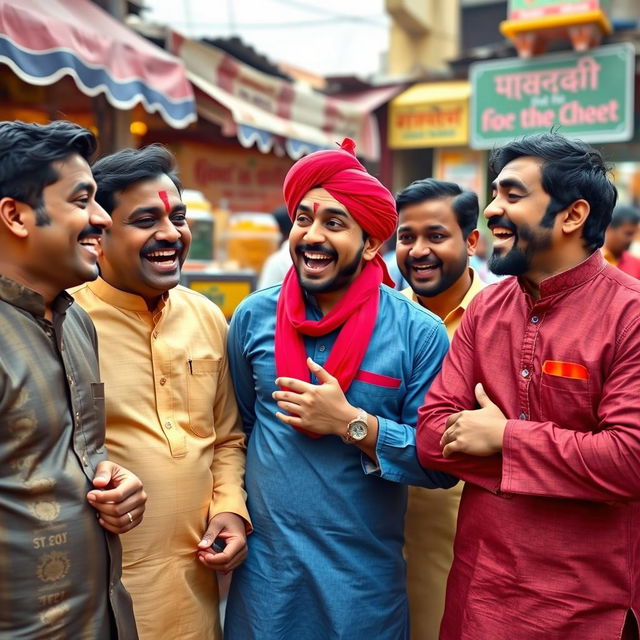 A group of funny Indian men engaging in a lively conversation, showcasing their unique personalities through exaggerated facial expressions and vibrant traditional attire like kurtas and sherwanis