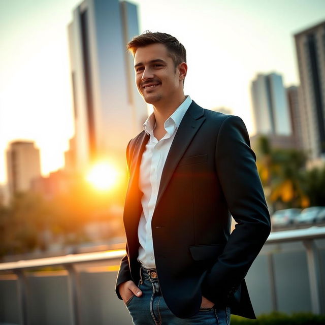 A man standing confidently in an urban environment