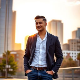 A man standing confidently in an urban environment