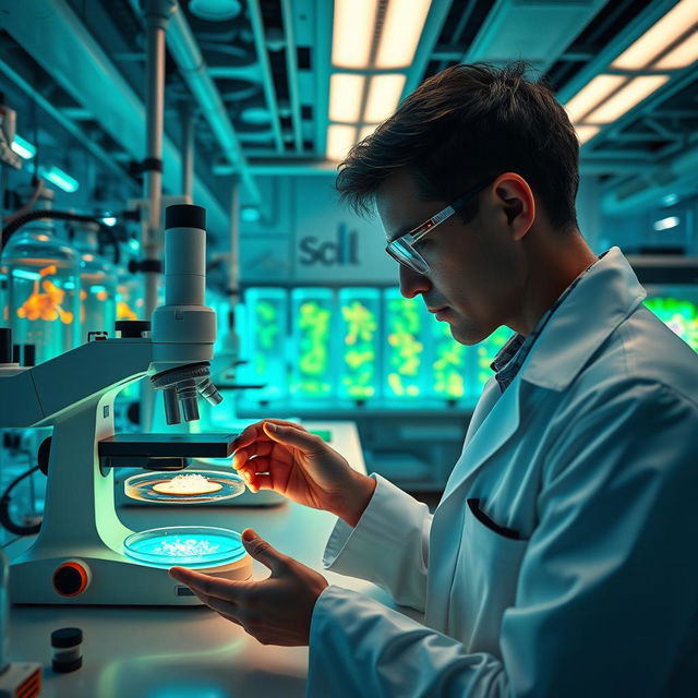 A futuristic laboratory showcasing synthetic biology in action, filled with high-tech equipment and vibrant glowing cultures