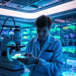 A futuristic laboratory showcasing synthetic biology in action, filled with high-tech equipment and vibrant glowing cultures