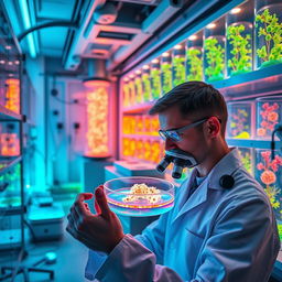 A futuristic laboratory showcasing synthetic biology in action, filled with high-tech equipment and vibrant glowing cultures