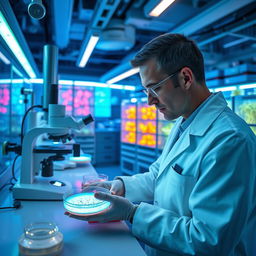 A futuristic laboratory showcasing synthetic biology in action, filled with high-tech equipment and vibrant glowing cultures