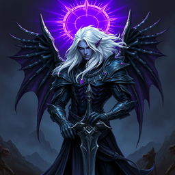 A male Drow paladin characterized by his striking purple skin and deep black eyes, exuding an air of heroism among shadows