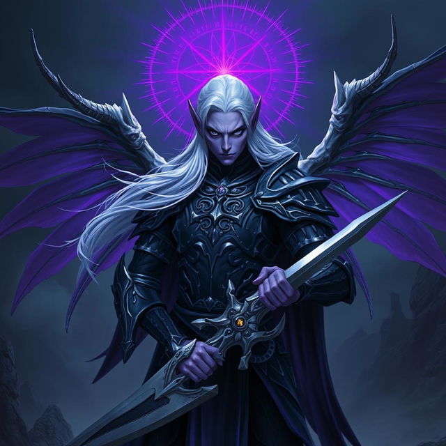 A male Drow paladin characterized by his striking purple skin and deep black eyes, exuding an air of heroism among shadows