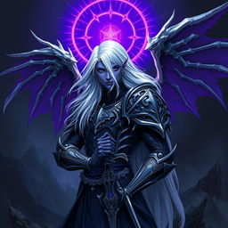 A male Drow paladin characterized by his striking purple skin and deep black eyes, exuding an air of heroism among shadows