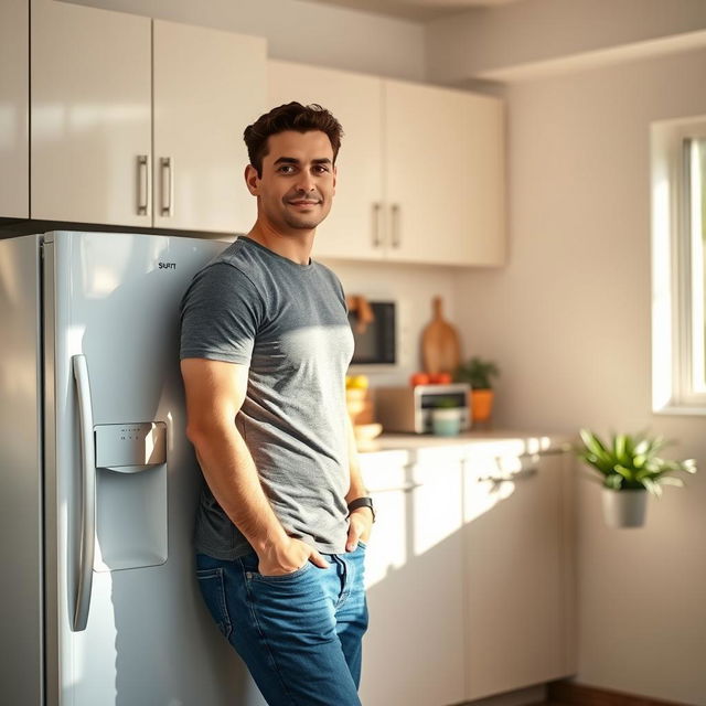 A man standing confidently beside a modern refrigerator, casually resting his hand on it