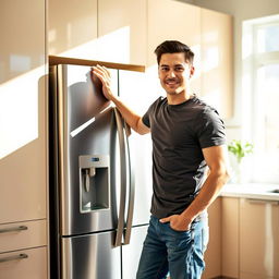 A man standing confidently beside a modern refrigerator, casually resting his hand on it