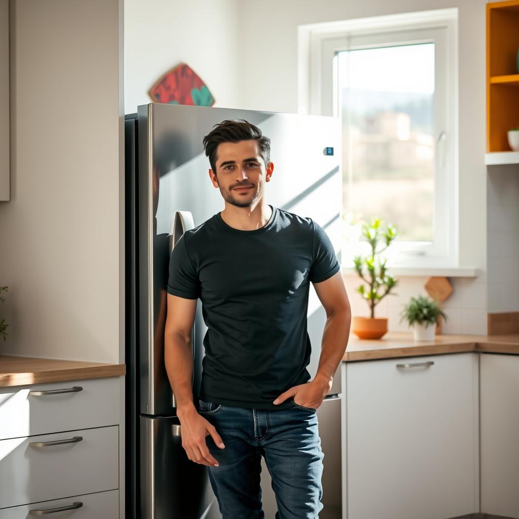 A man standing confidently beside a modern refrigerator, casually resting his hand on it