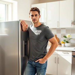 A man standing confidently beside a modern refrigerator, casually resting his hand on it