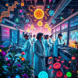 An intricate and vibrant depiction of synthetic biology's integration in modern industry, showcasing biotechnologists working in a futuristic laboratory filled with advanced machinery and digital displays