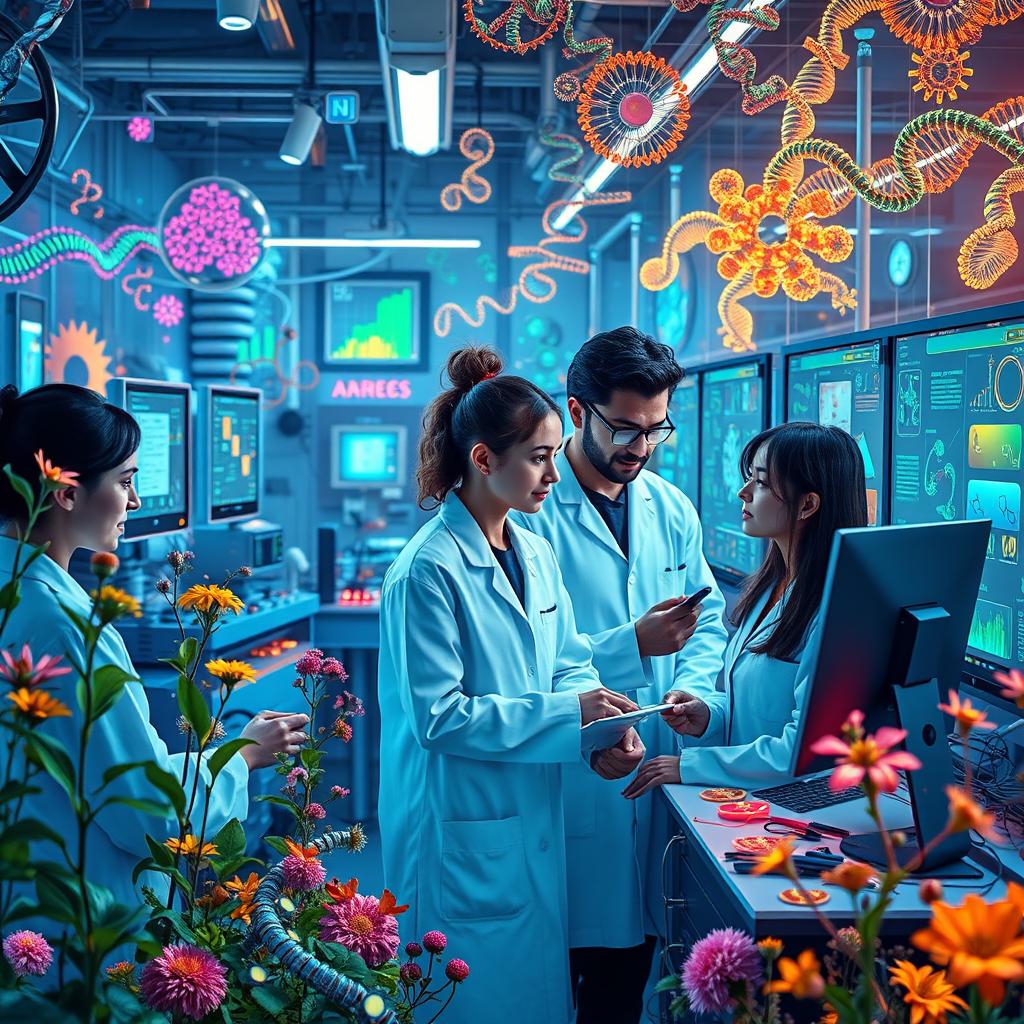 An intricate and vibrant depiction of synthetic biology's integration in modern industry, showcasing biotechnologists working in a futuristic laboratory filled with advanced machinery and digital displays