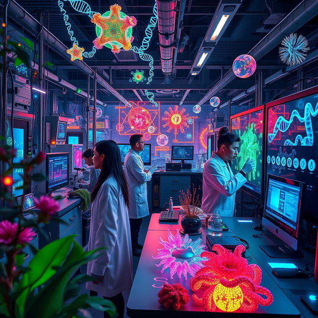 An intricate and vibrant depiction of synthetic biology's integration in modern industry, showcasing biotechnologists working in a futuristic laboratory filled with advanced machinery and digital displays