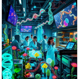 An intricate and vibrant depiction of synthetic biology's integration in modern industry, showcasing biotechnologists working in a futuristic laboratory filled with advanced machinery and digital displays