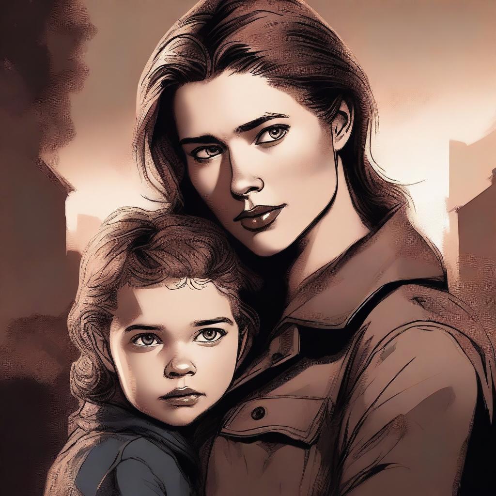 A high-quality digital art image displays an 18-year-old girl, the daughter of Dean Winchester, in a pre-apocalypse setting, tenderly holding a toddler