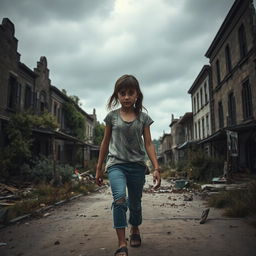 An abandoned town shrouded in an eerie silence, featuring dilapidated buildings and overgrown vegetation