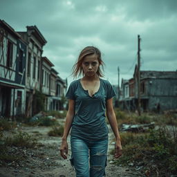 An abandoned town shrouded in an eerie silence, featuring dilapidated buildings and overgrown vegetation