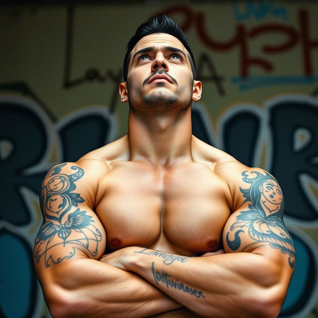 A confident man with striking features, showcasing intricate tattoos across his arms and chest