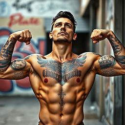 A confident man with striking features, showcasing intricate tattoos across his arms and chest