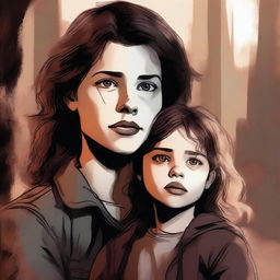 A high-quality digital art image displays an 18-year-old girl, the daughter of Dean Winchester, in a pre-apocalypse setting, tenderly holding a toddler