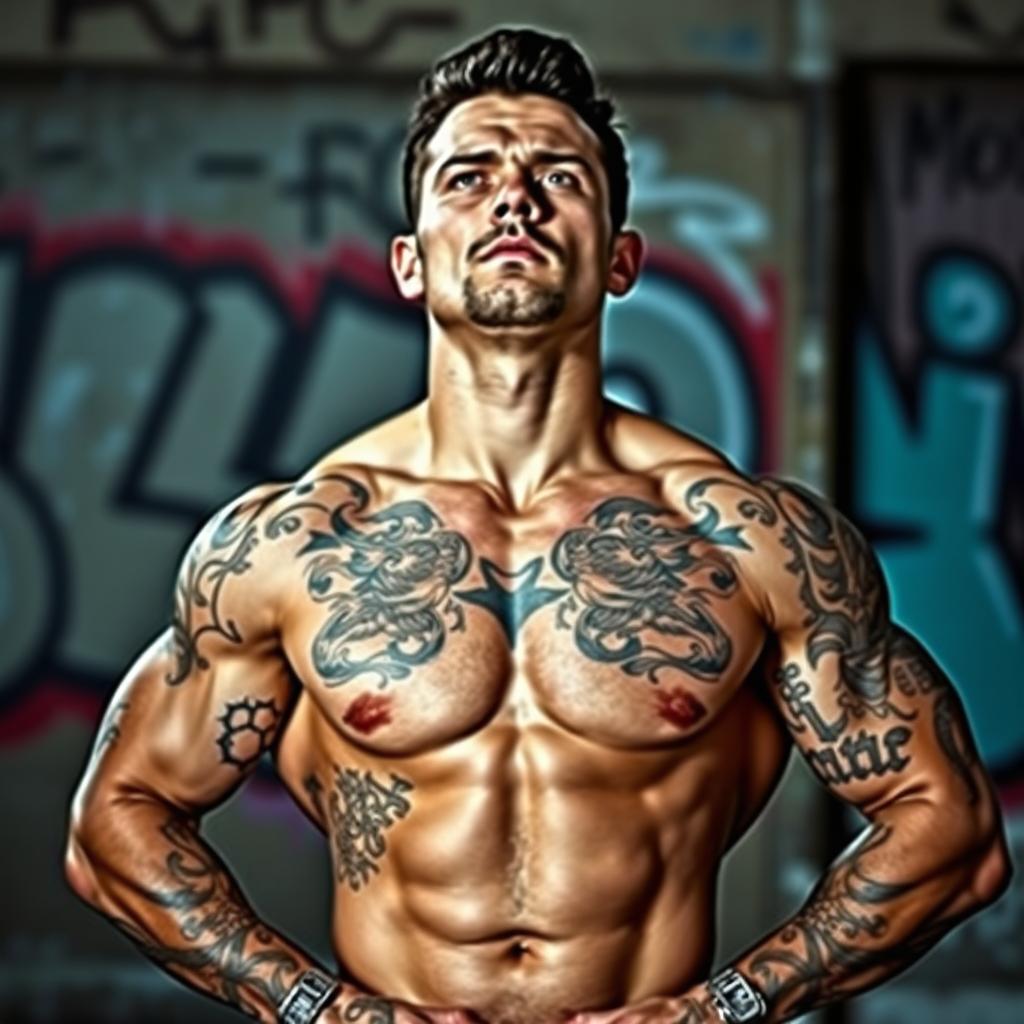 A confident man with striking features, showcasing intricate tattoos across his arms and chest