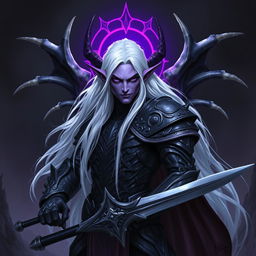 A male Drow paladin with striking purple skin and deep black eyes, featuring long, flowing white hair
