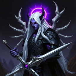 A male Drow paladin with striking purple skin and deep black eyes, featuring long, flowing white hair
