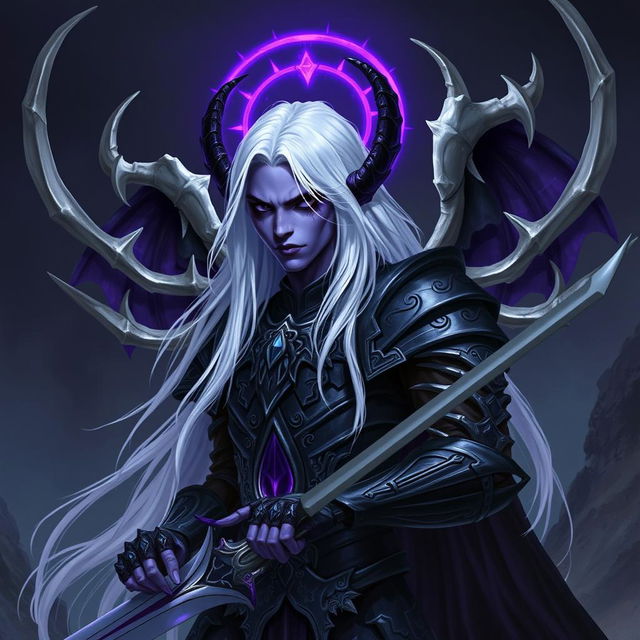 A male Drow paladin with striking purple skin and deep black eyes, featuring long, flowing white hair