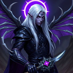 A male Drow paladin with striking purple skin and deep black eyes, featuring long, flowing white hair