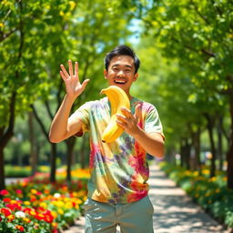 A whimsical scene featuring a man playfully holding a bright yellow banana, standing outdoors in a sunny park