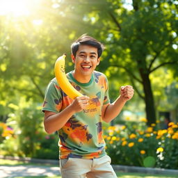 A whimsical scene featuring a man playfully holding a bright yellow banana, standing outdoors in a sunny park